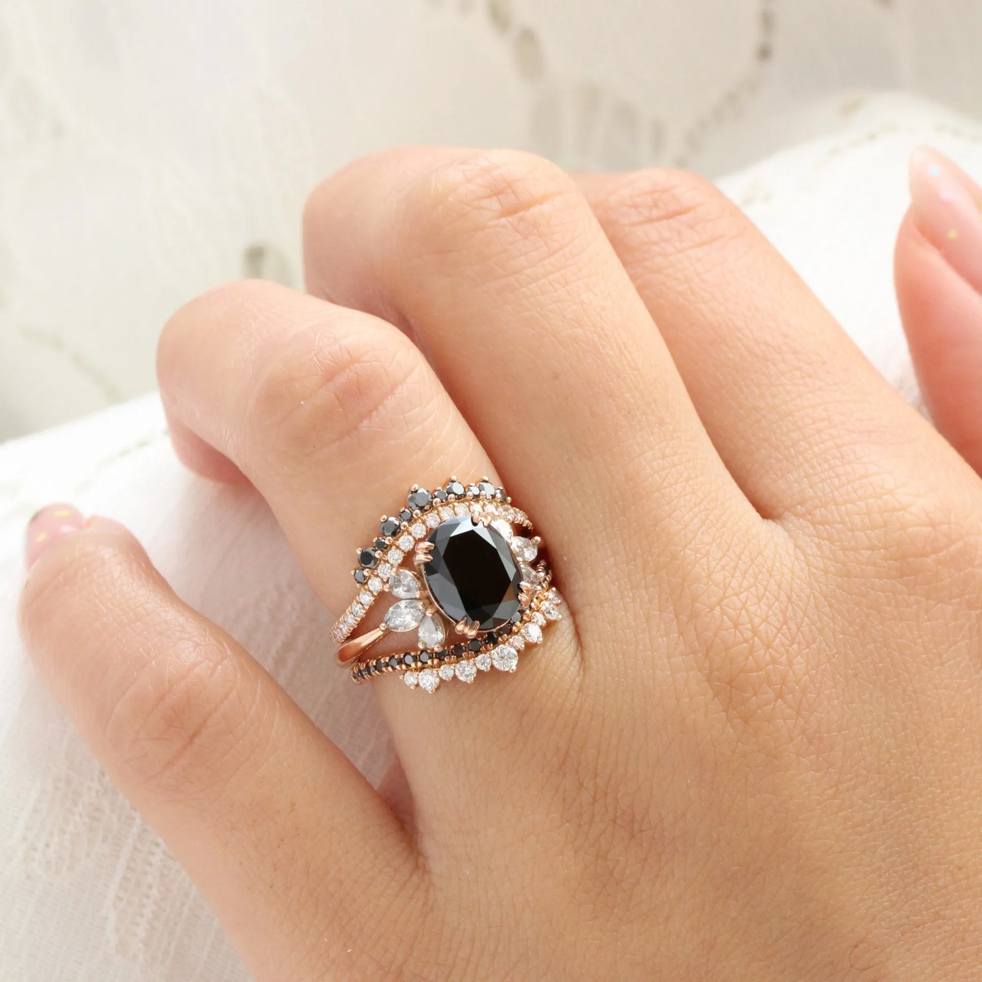 3.74 Ct Large Oval Black Diamond Ring in 14k Rose Gold 3 Stone Grey Diamond, Size 6.75