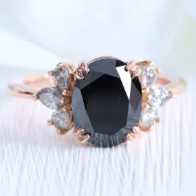 3.74 Ct Large Oval Black Diamond Ring in 14k Rose Gold 3 Stone Grey Diamond, Size 6.75