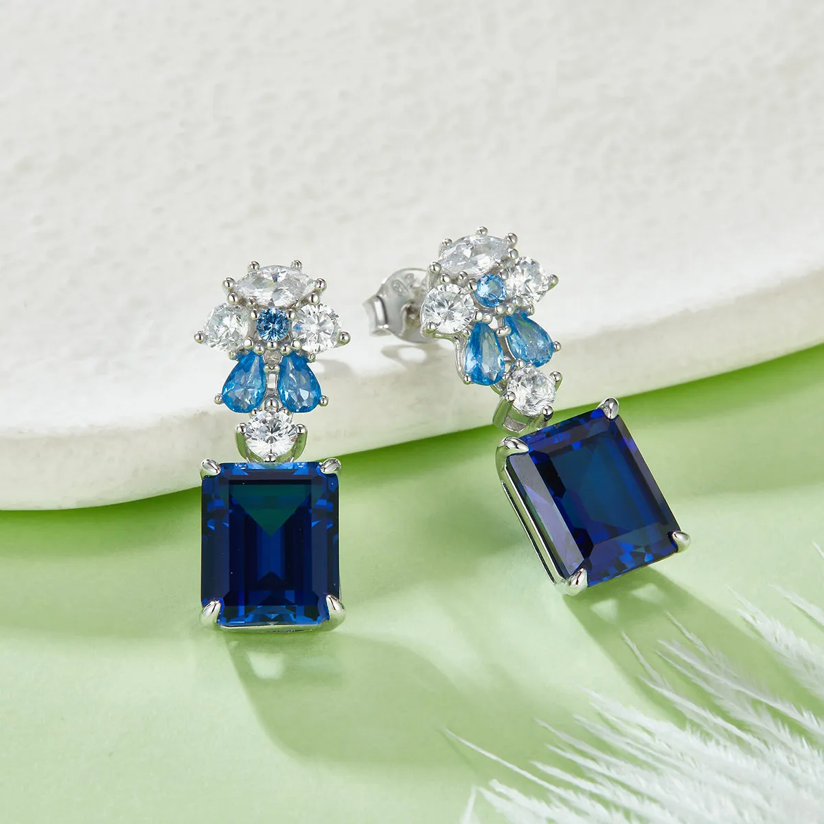 8.0 Carat Rectangular Lab-Created Sapphire Drop Earrings in S925 Silver Plated Platinum