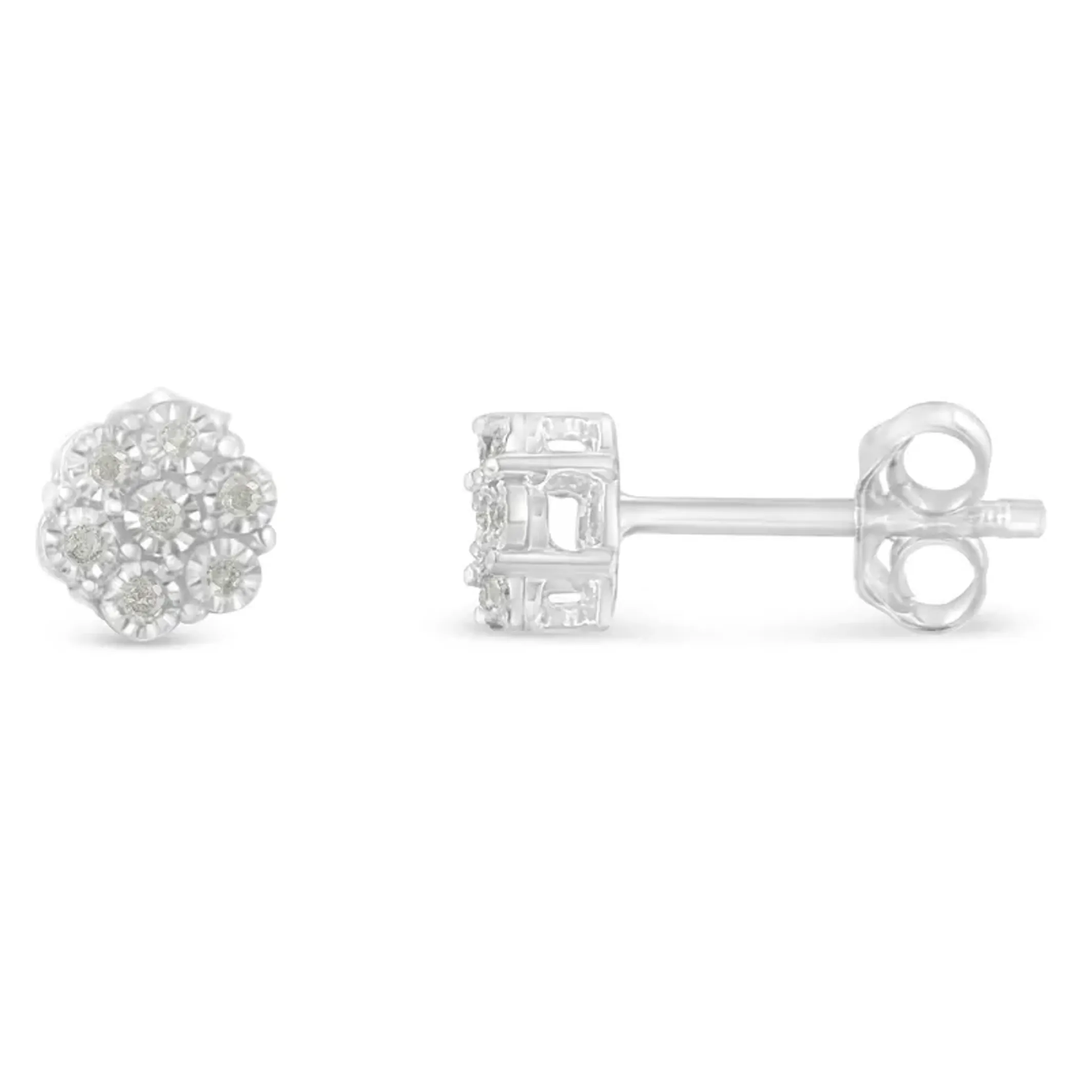 .925 Sterling Silver 1/6 Cttw Round-Cut Diamond Miracle-Set Floral Cluster Button Stud Earrings (I-J Color, I2-I3 Clarity)