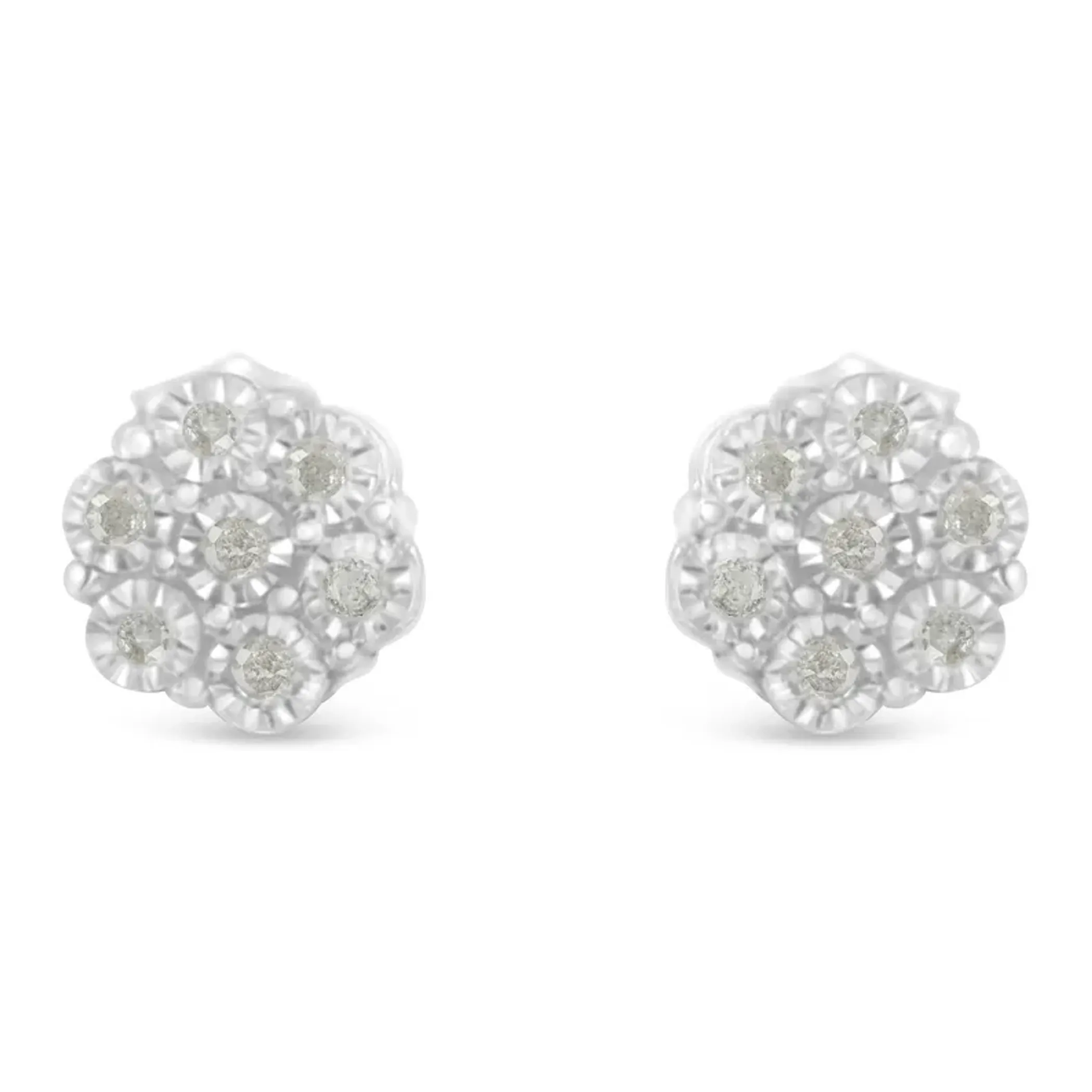 .925 Sterling Silver 1/6 Cttw Round-Cut Diamond Miracle-Set Floral Cluster Button Stud Earrings (I-J Color, I2-I3 Clarity)