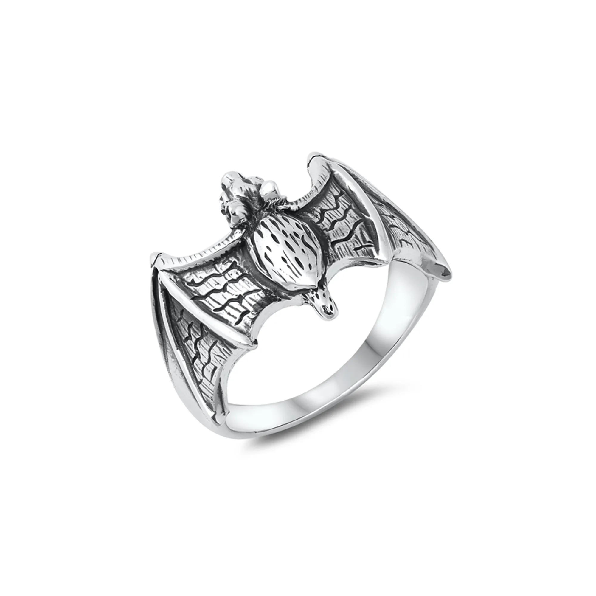 925 Sterling Silver Bat Ring For Men & Women.  Oxidized Silver Flying Bat & Wings Design With Blue Opal Centerstone.