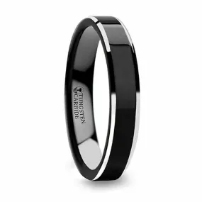 ADA Highly Polished Black Women's Tungsten Ring with White Tungsten Bevels 4mm