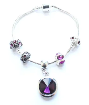 Adult's 'February Birthstone' Amethyst Coloured Crystal Silver Plated Charm Bead Bracelet