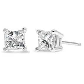 AGS Certified Princess Cut Diamond 14K Gold 4-Prong Solitaire Square Stud Earrings (L-M Color, I1-I2 Clarity)