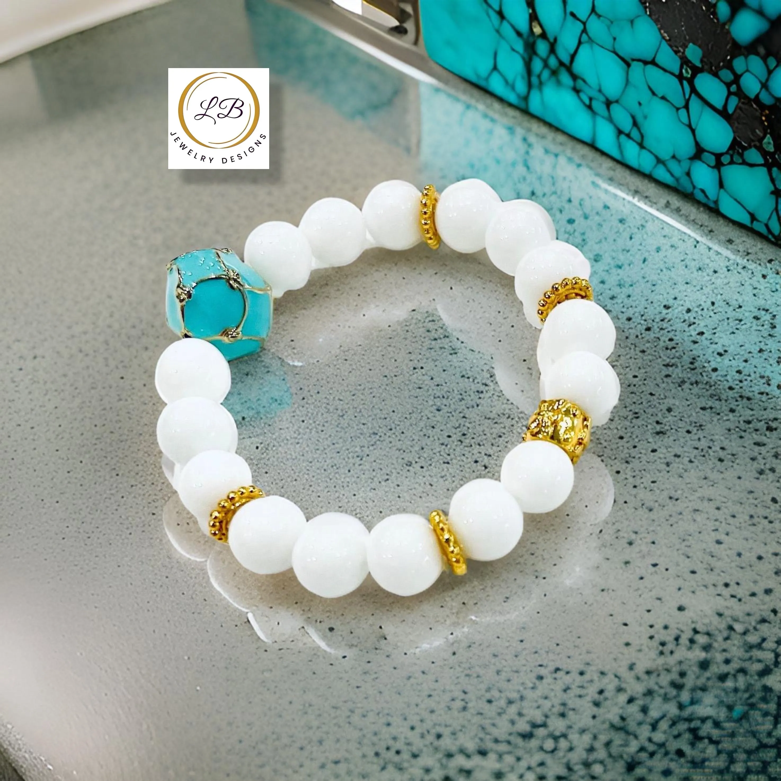 Alabaster & Turquoise Gemstone Enamel Beaded Bracelet