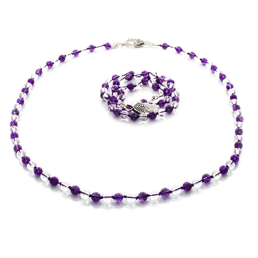 Amethyst & Clear Quartz Hand-knotted Necklace that Wraps into a Bracelet