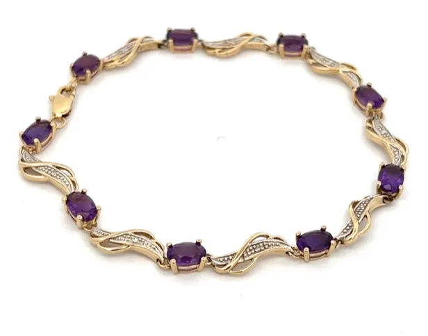 Amethyst & Diamond 9ct Yellow Gold Bracelet