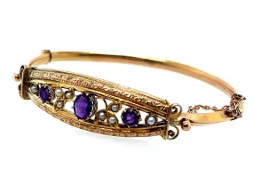 Amethyst & Pearl 9ct Yellow Gold Hinged Vintage Bangle