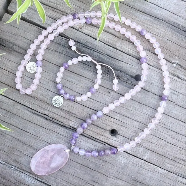 Amethyst & Rose Quartz Mala Bracelet/Necklace/Set