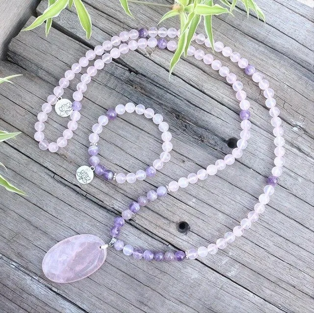 Amethyst & Rose Quartz Mala Bracelet/Necklace/Set