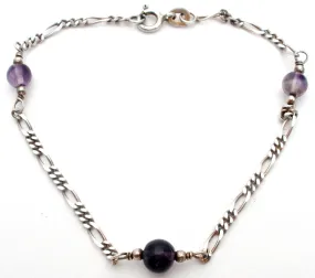 Amethyst Bead Figaro Bracelet Sterling Silver