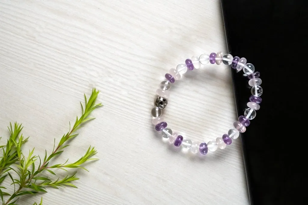 Amethyst, rose quartz & clear quartz bracelet for strength, love and fulfilling relationship