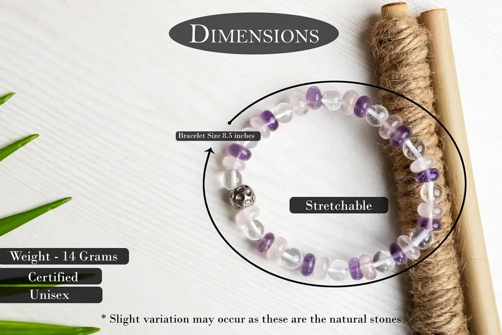 Amethyst, rose quartz & clear quartz bracelet for strength, love and fulfilling relationship