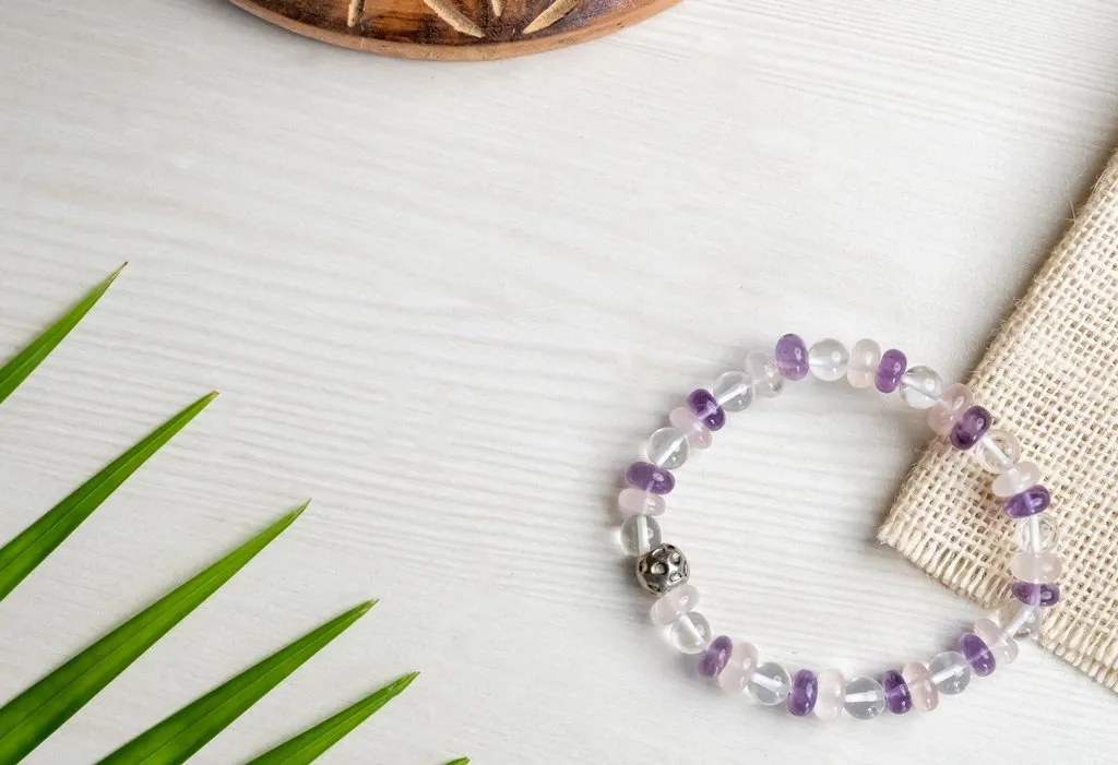 Amethyst, rose quartz & clear quartz bracelet for strength, love and fulfilling relationship