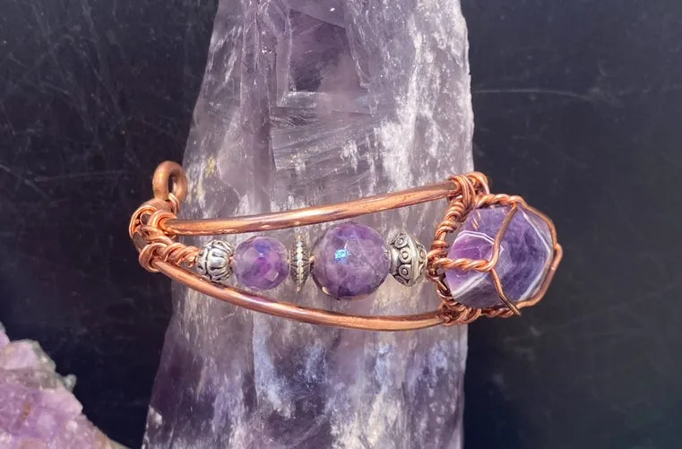 Amethyst  with Amethyst side Stones Wirewrapped Copper Bracelet