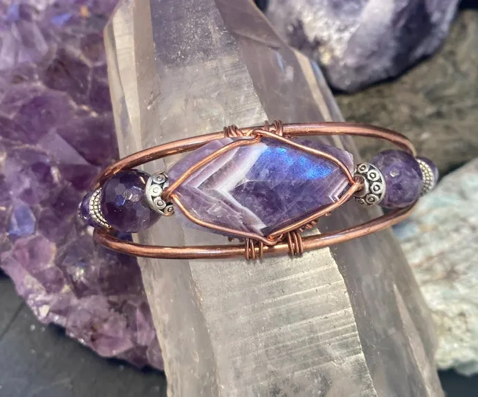 Amethyst  with Amethyst side Stones Wirewrapped Copper Bracelet