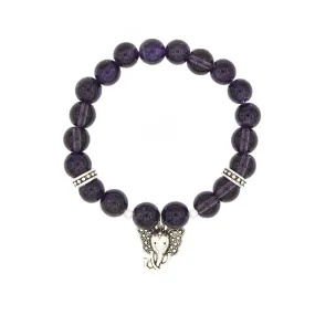 Amethyst with Silver Elephant Head Charm Stretch Bracelet