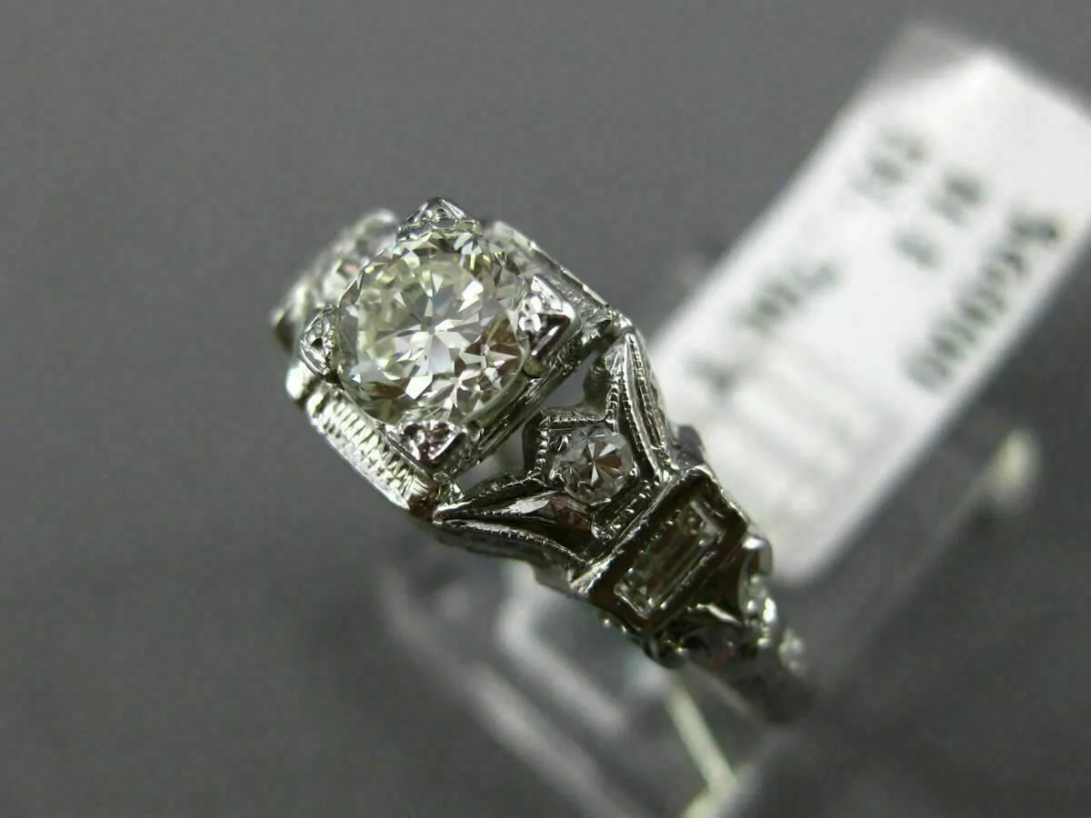 ANTIQUE .70CT OLD MINE DIAMOND 18KT WHITE GOLD 3D FILIGREE ENGAGEMENT RING #1563