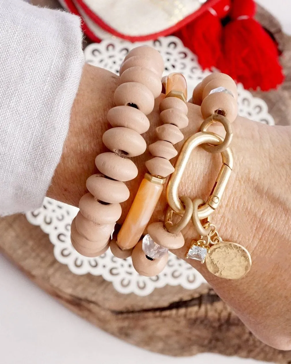 Beaded Boho Statement Bracelets Set Carabiner Coin Crystal in Mute Pink Wooden Acrylic and Glass Beads