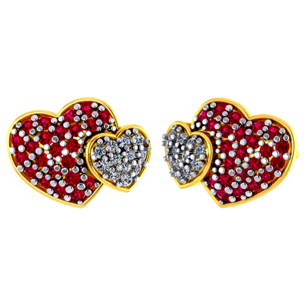 Beautiful Dual Heart Shaped 18k Diamond Earrings With Red Detailing