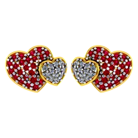 Beautiful Dual Heart Shaped 18k Diamond Earrings With Red Detailing