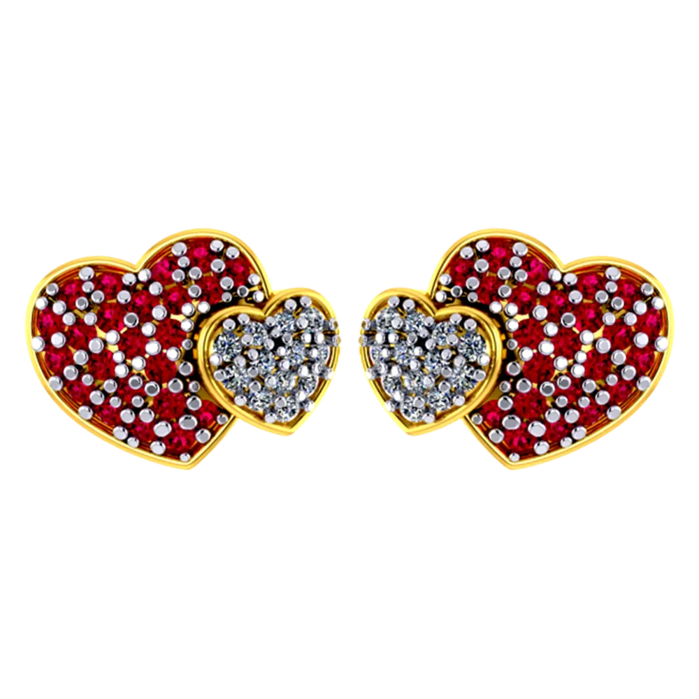 Beautiful Dual Heart Shaped 18k Diamond Earrings With Red Detailing