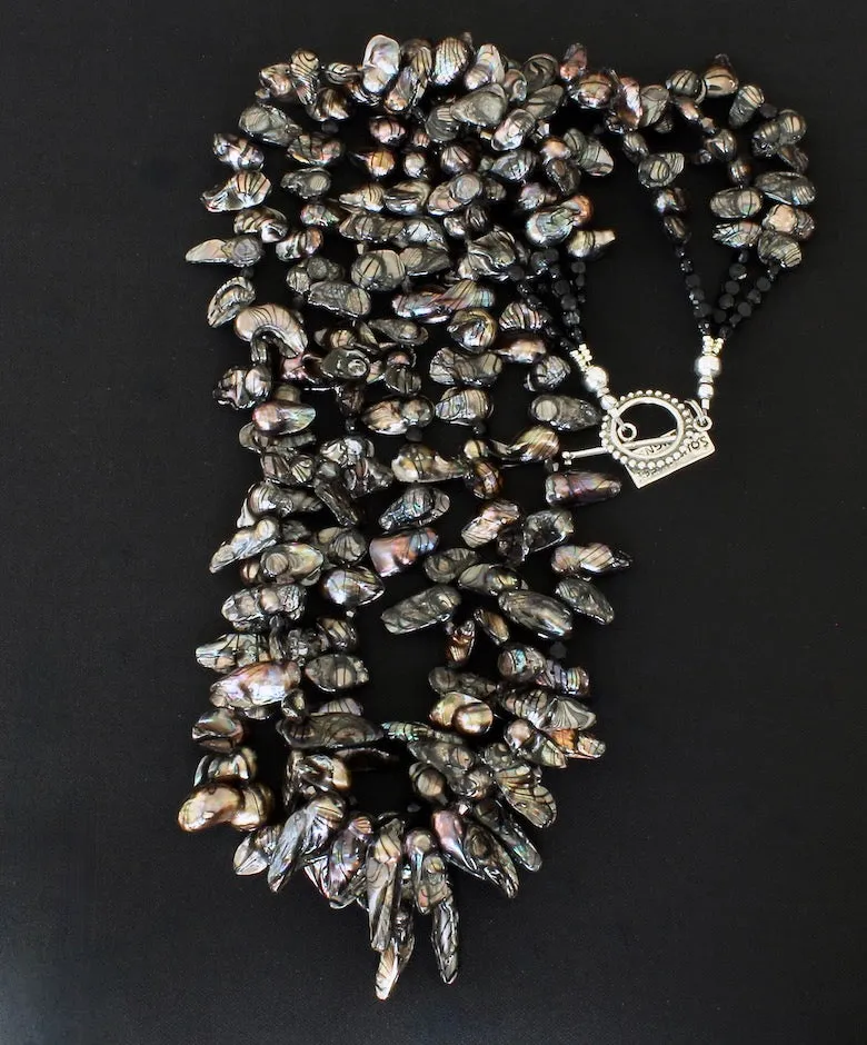 Black Keishi Pearl 3-Strand Necklace with Vintage Czechoslovakian Nailheads, Gunmetal Glass Bicones and a Sterling Silver Toggle Clasp