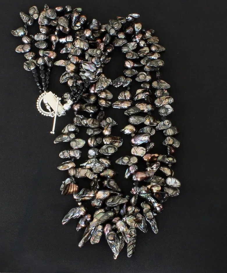 Black Keishi Pearl 3-Strand Necklace with Vintage Czechoslovakian Nailheads, Gunmetal Glass Bicones and a Sterling Silver Toggle Clasp