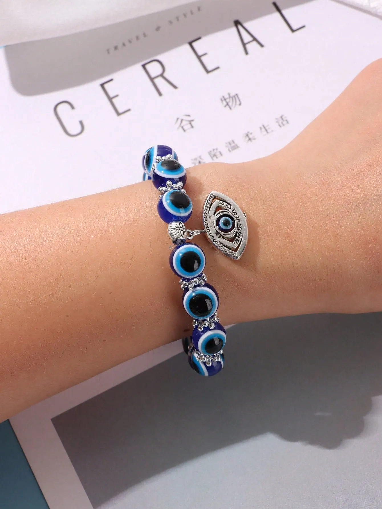 Blue Polyresin Evil Eye Charm Beaded Bracelet Women Bracelet Stackable Bracelet