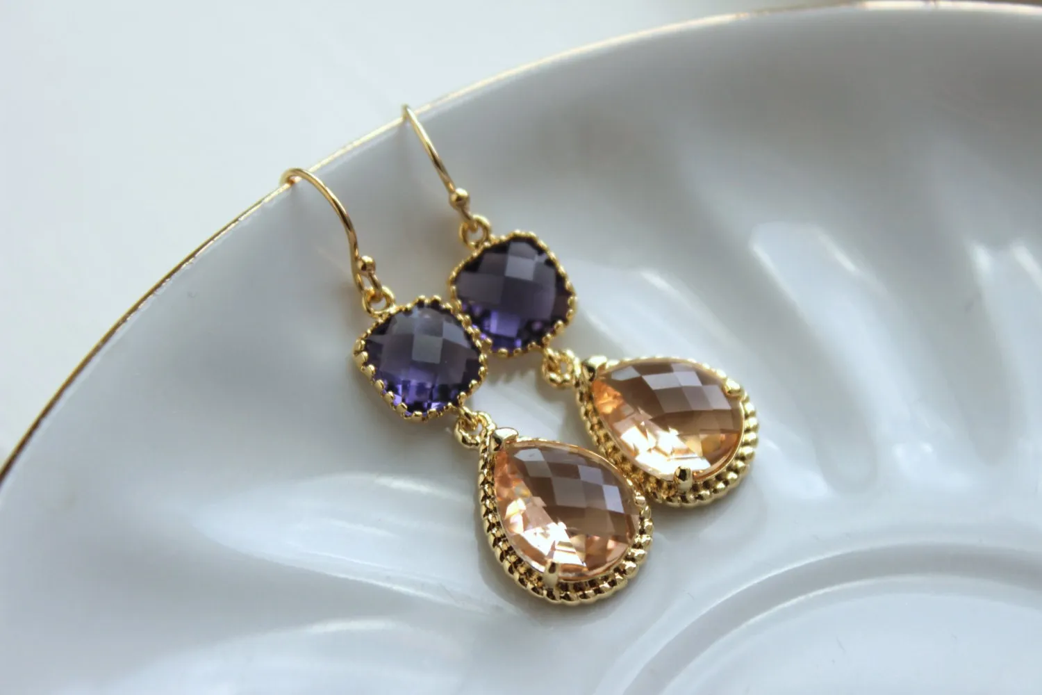 Blush Champagne Earrings Amethyst Purple Gold Earrings - Amethyst Bridesmaid Jewelry Champagne Blush Earrings Peach Pink Wedding Jewelry