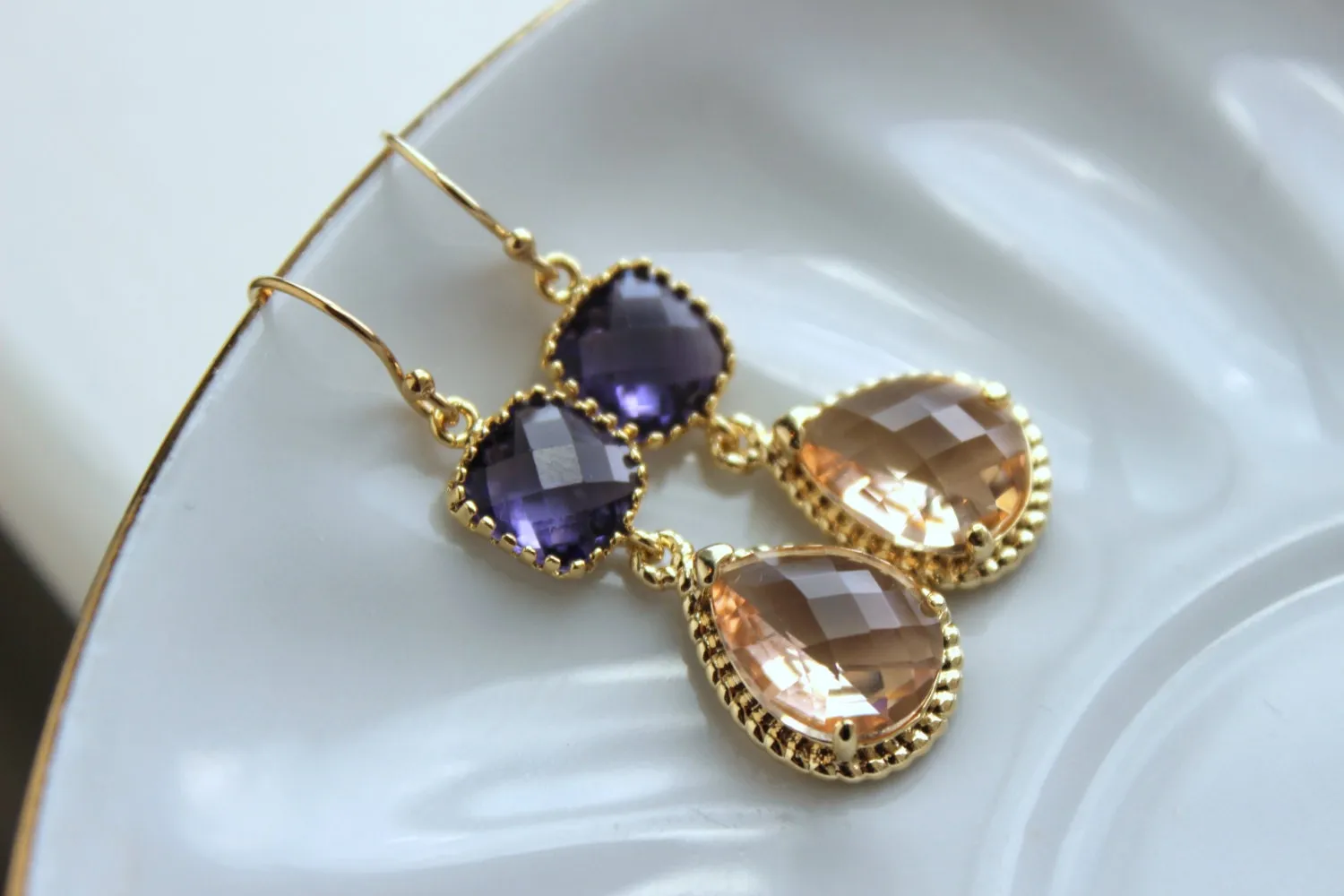 Blush Champagne Earrings Amethyst Purple Gold Earrings - Amethyst Bridesmaid Jewelry Champagne Blush Earrings Peach Pink Wedding Jewelry