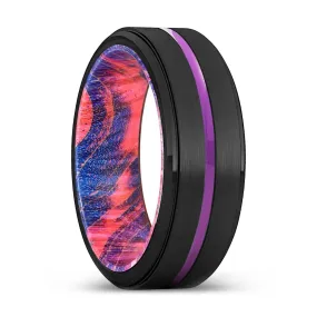 BUNDABERG | Blue & Red Wood, Black Tungsten Ring, Purple Groove, Stepped Edge