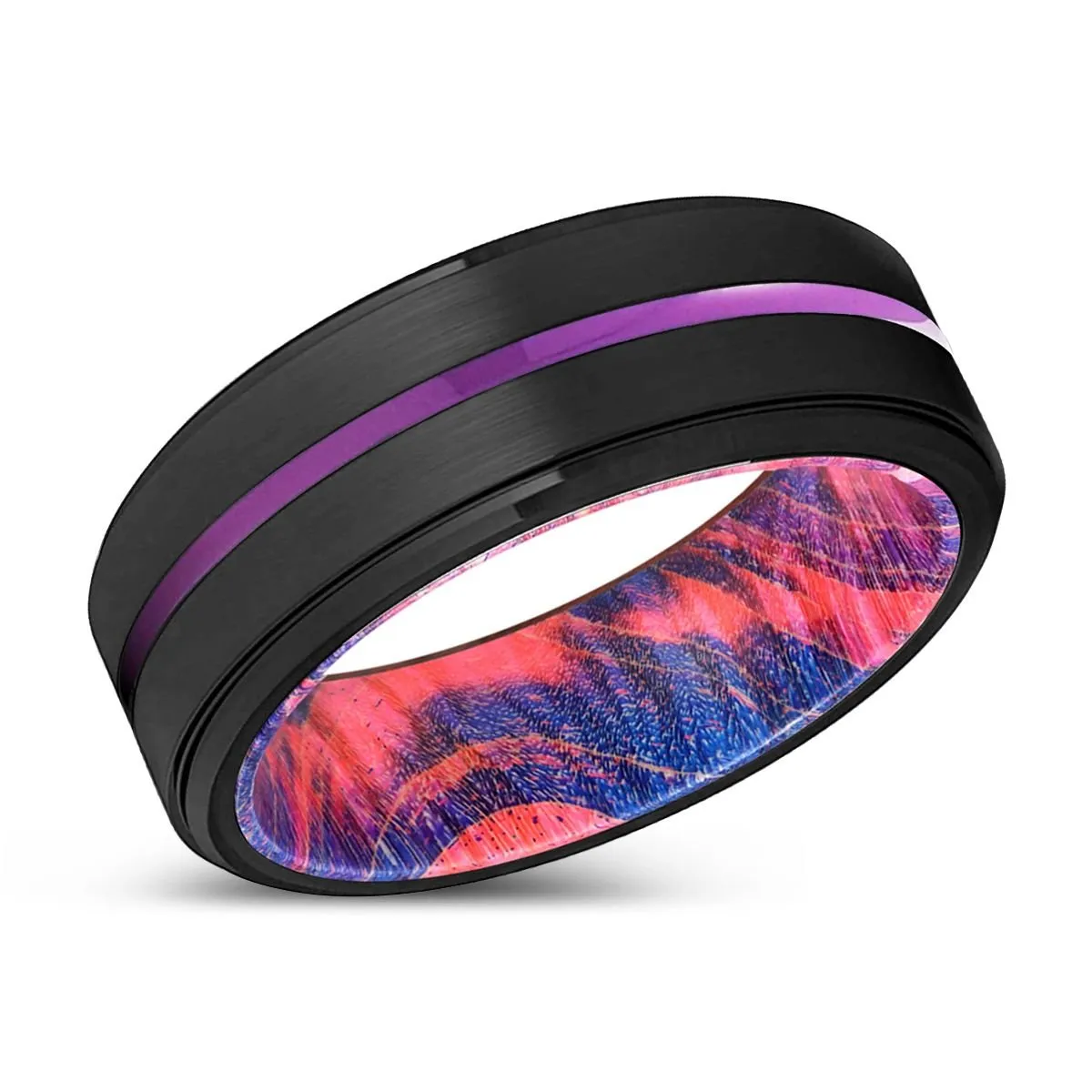 BUNDABERG | Blue & Red Wood, Black Tungsten Ring, Purple Groove, Stepped Edge