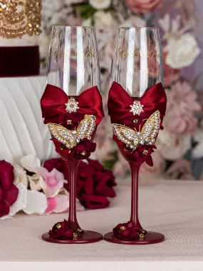 Burgundy with butterflies 2 quinceanera champagne glasses