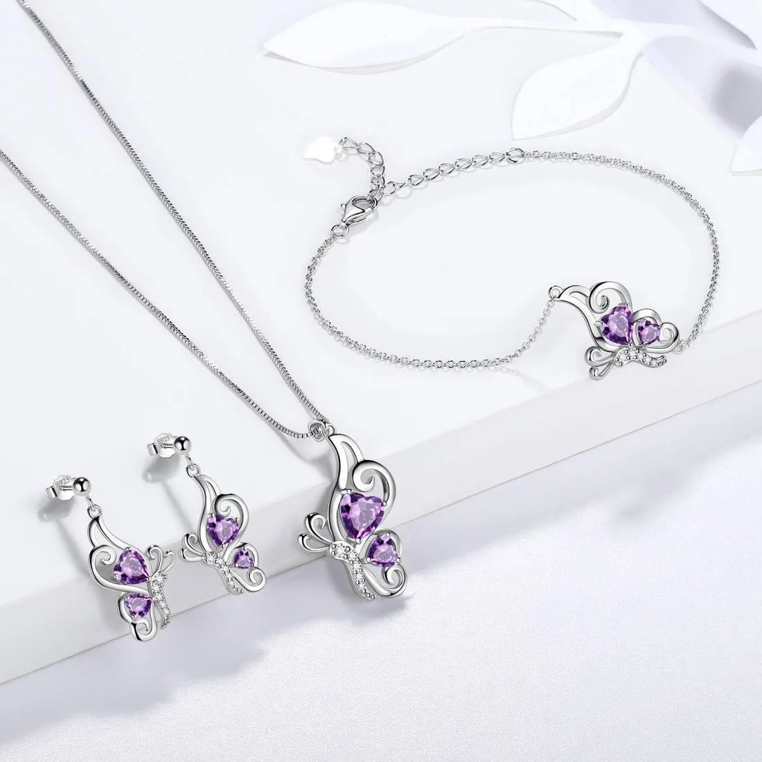 Butterfly Birthstone February Amethyst Jewelry Set 4PCS Women Girls Birthday Gift