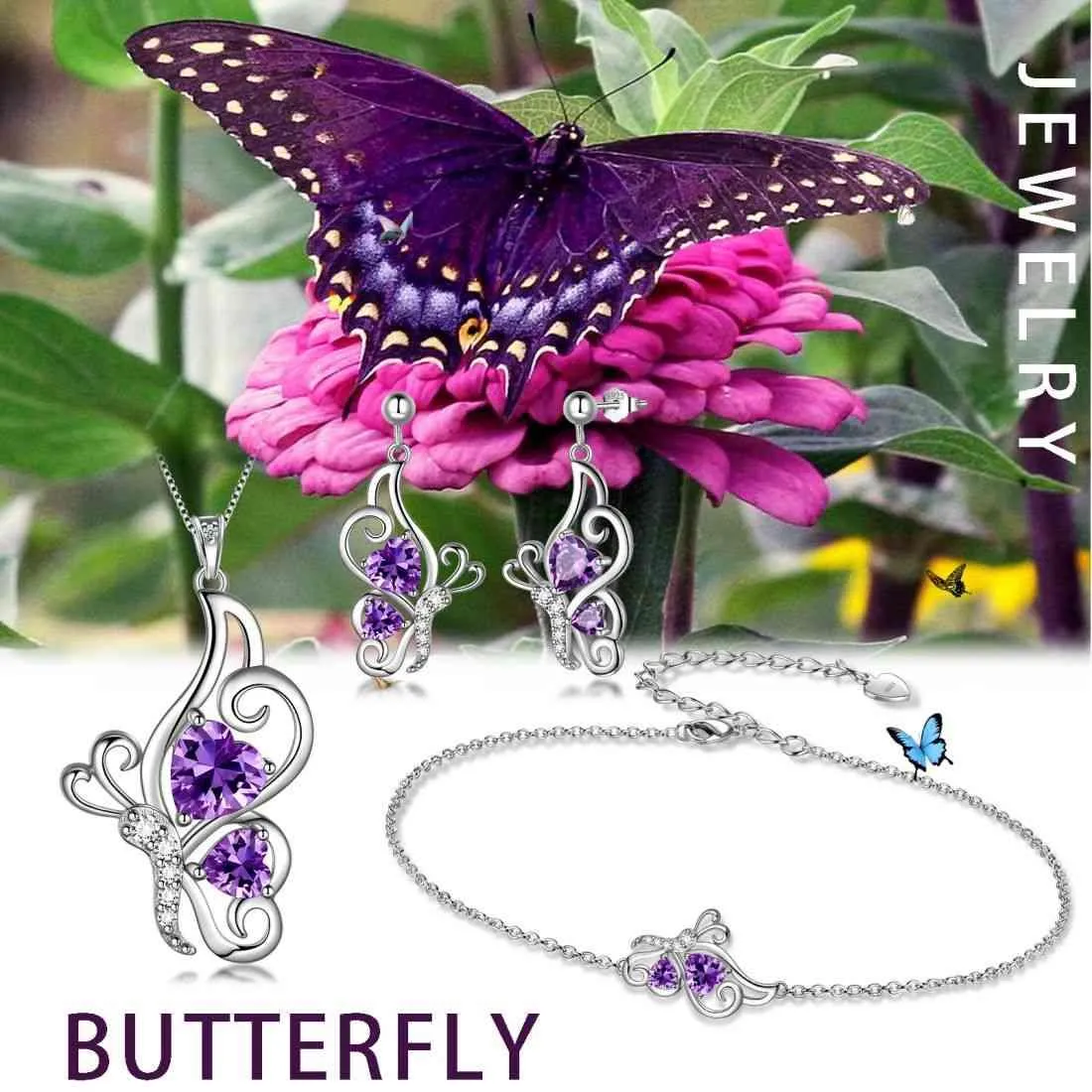 Butterfly Birthstone February Amethyst Jewelry Set 4PCS Women Girls Birthday Gift