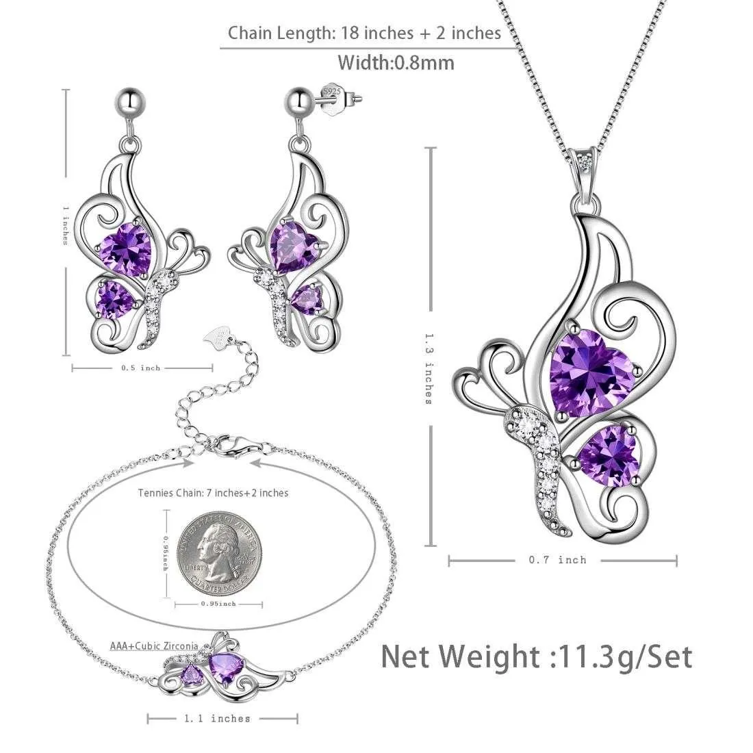 Butterfly Birthstone February Amethyst Jewelry Set 4PCS Women Girls Birthday Gift