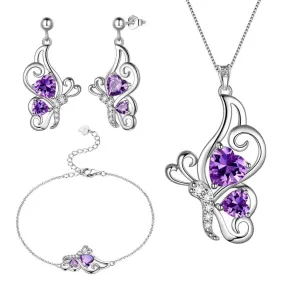 Butterfly Birthstone February Amethyst Jewelry Set 4PCS Women Girls Birthday Gift