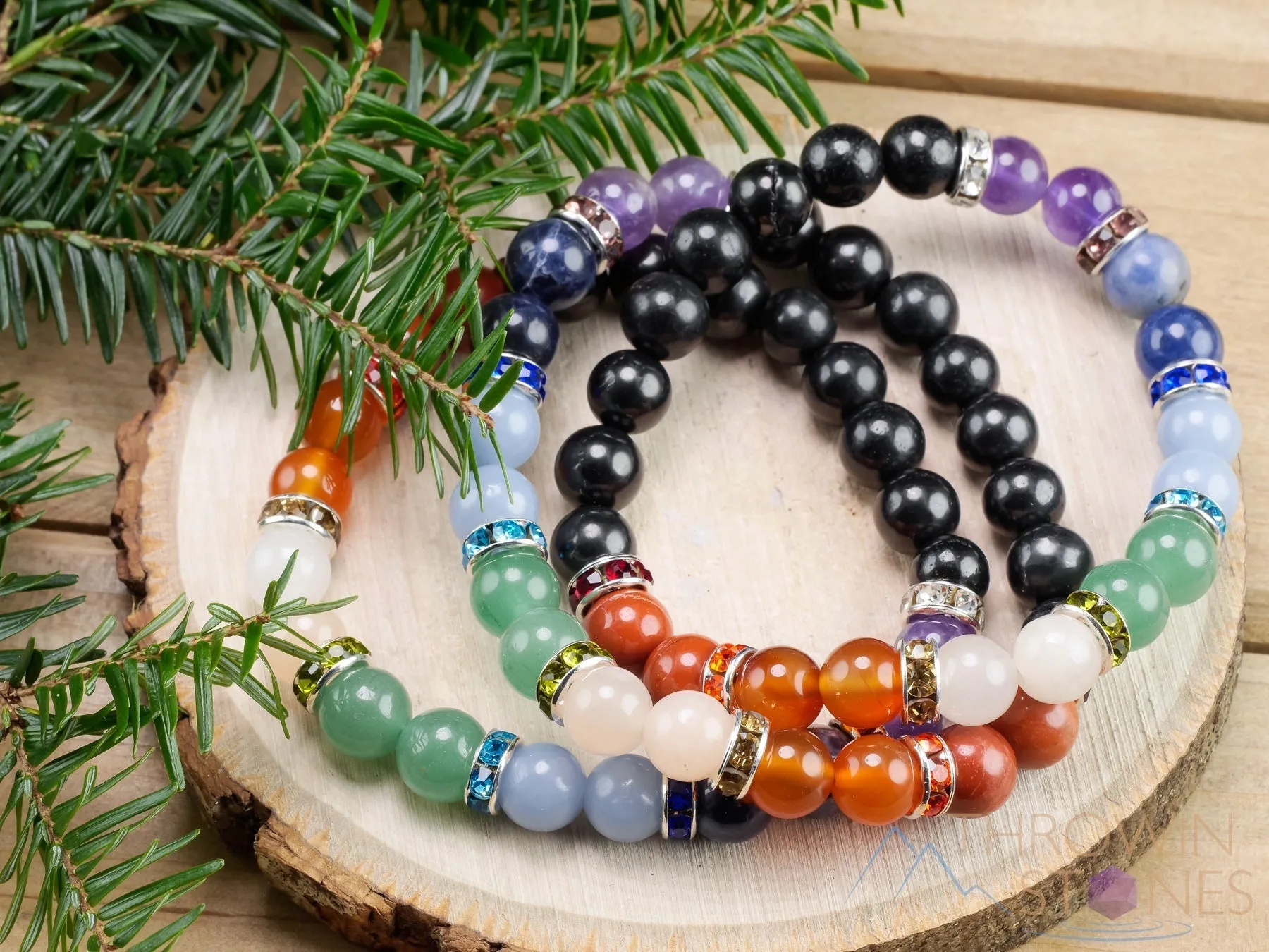 CHAKRA & SHUNGITE Crystal Bracelet - Round Beads - Beaded Bracelet, Handmade Jewelry, Healing Crystal Bracelet, E1356