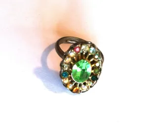 Citrine Green Beveled Glass Cocktail Ring w/ Pastel Rhinestones Adjustable circa 1950s