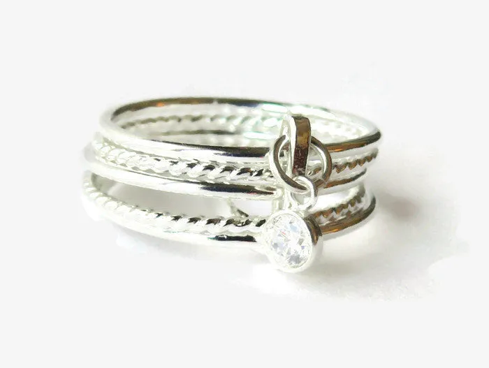 Cubic zirconia dangle charm ring • Sterling silver attached stacking rings set