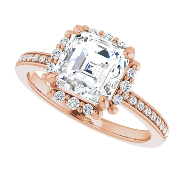 Cubic Zirconia Engagement Ring- The Agatha (Customizable Asscher Cut Style with Halo and Thin Shared Prong Band)