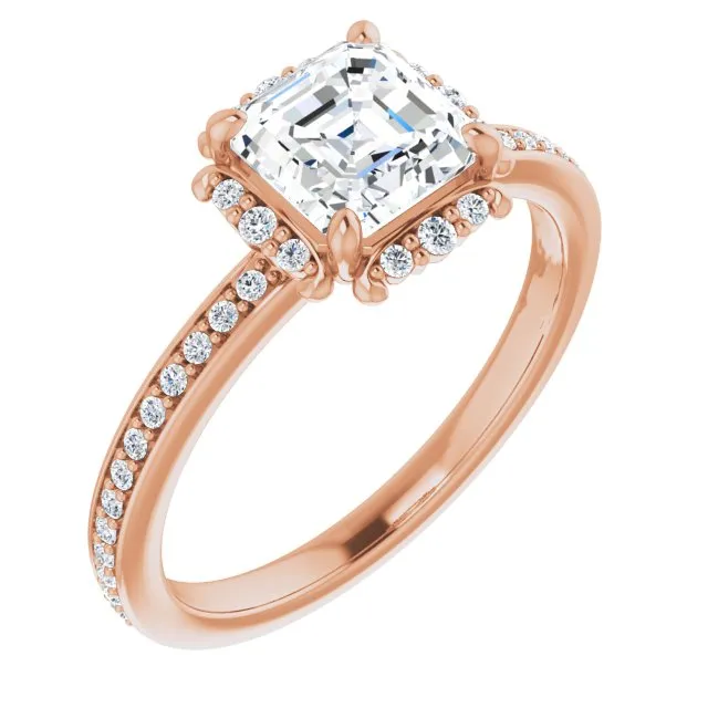 Cubic Zirconia Engagement Ring- The Agatha (Customizable Asscher Cut Style with Halo and Thin Shared Prong Band)