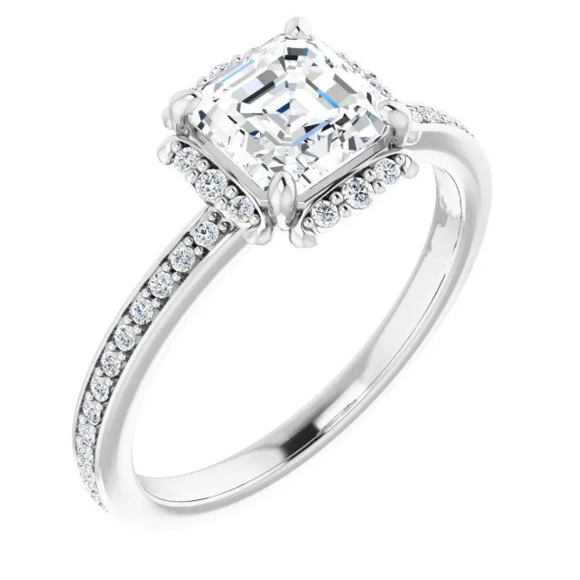 Cubic Zirconia Engagement Ring- The Agatha (Customizable Asscher Cut Style with Halo and Thin Shared Prong Band)