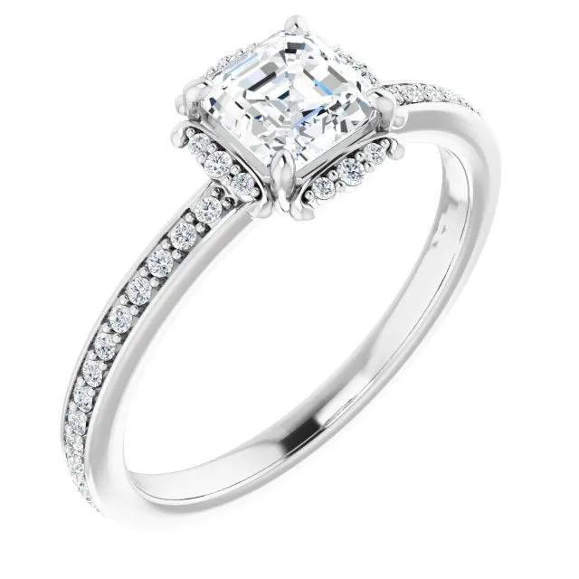 Cubic Zirconia Engagement Ring- The Agatha (Customizable Asscher Cut Style with Halo and Thin Shared Prong Band)