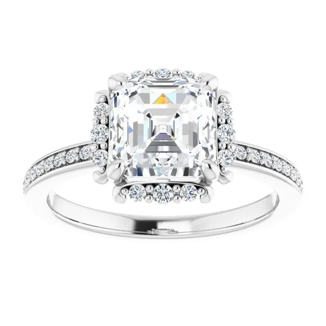 Cubic Zirconia Engagement Ring- The Agatha (Customizable Asscher Cut Style with Halo and Thin Shared Prong Band)