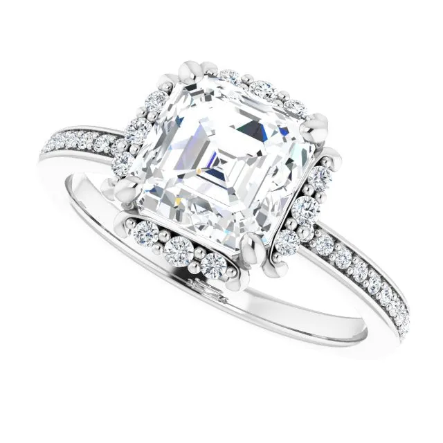 Cubic Zirconia Engagement Ring- The Agatha (Customizable Asscher Cut Style with Halo and Thin Shared Prong Band)