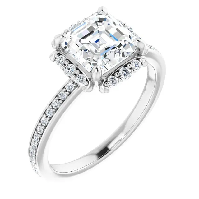 Cubic Zirconia Engagement Ring- The Agatha (Customizable Asscher Cut Style with Halo and Thin Shared Prong Band)