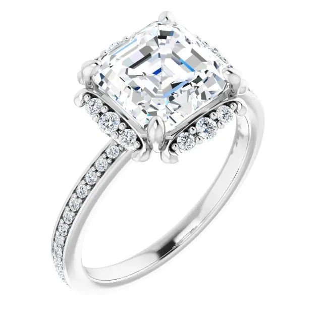 Cubic Zirconia Engagement Ring- The Agatha (Customizable Asscher Cut Style with Halo and Thin Shared Prong Band)